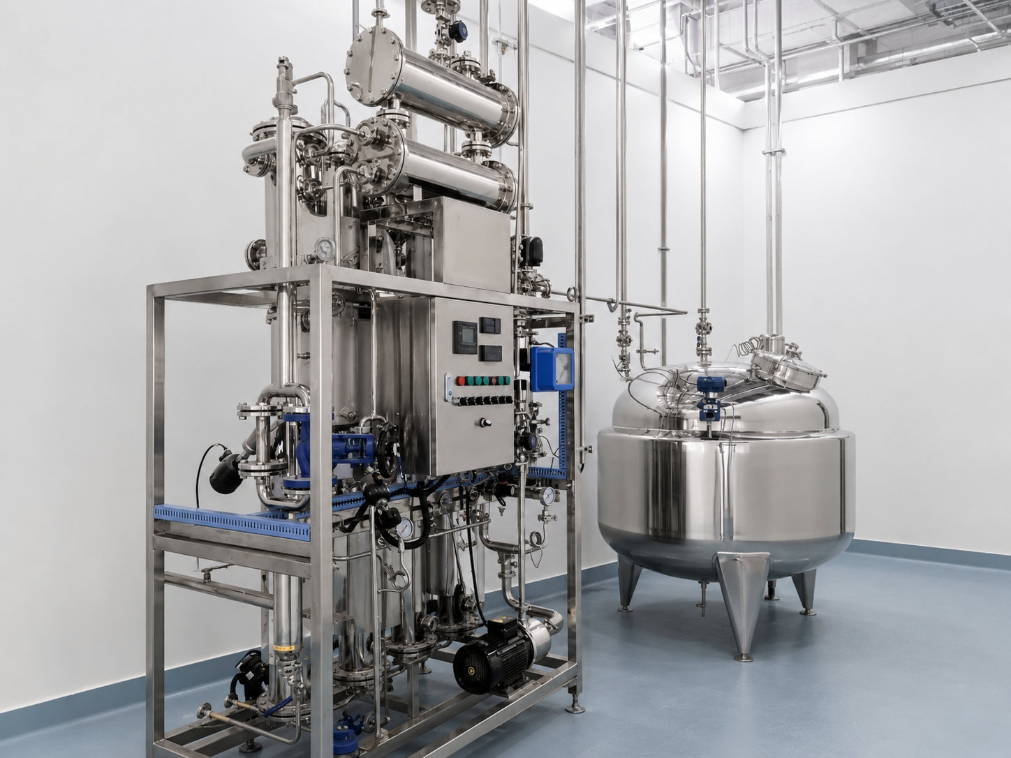 Sistema de procesamiento farmacéutico de acero inoxidable con tanque sanitario, tuberías y panel de control